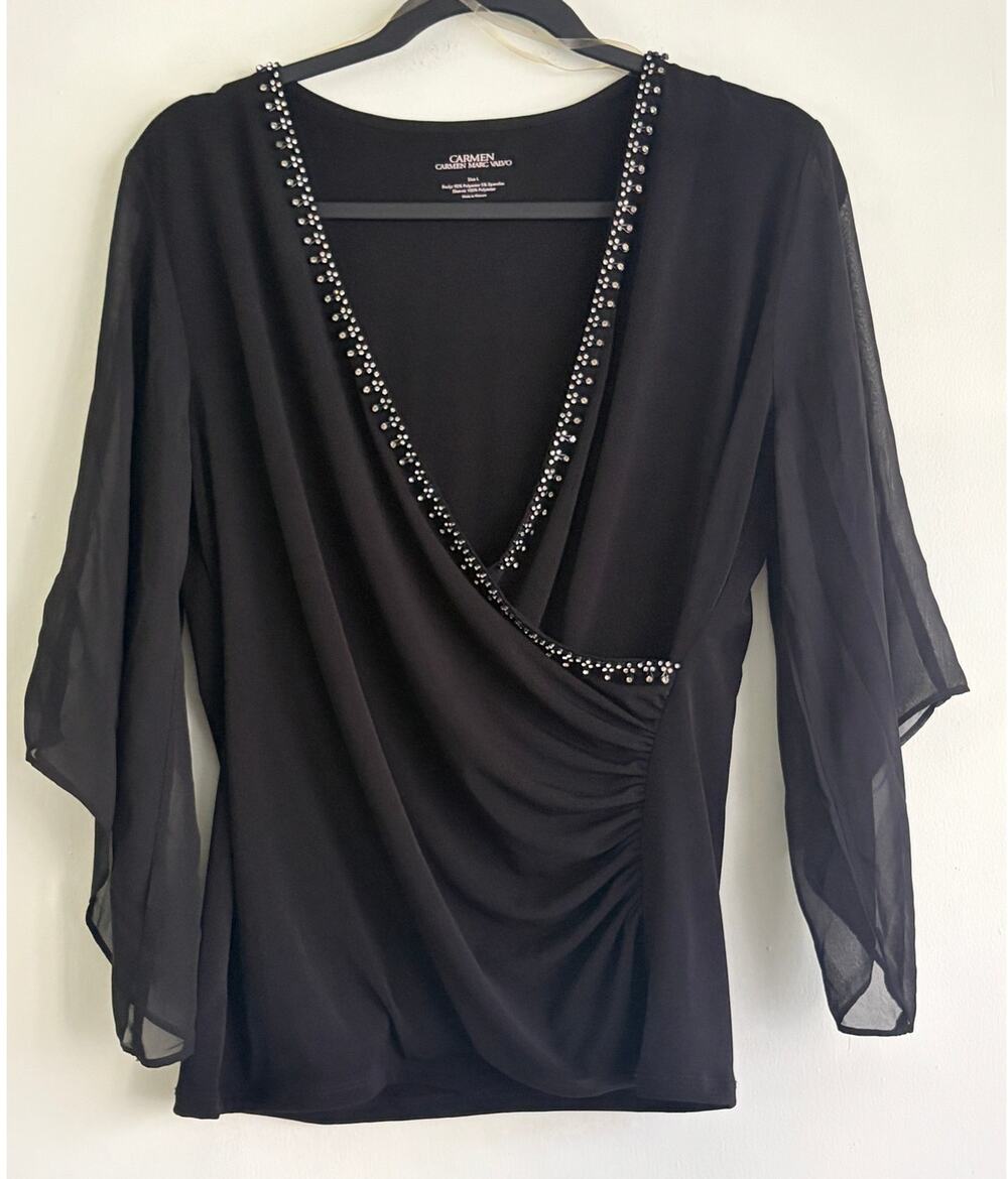 Carmen Marc Valvo Black Beaded Rhinestone Faux Wrap Blouse Cold Shoulder Top L